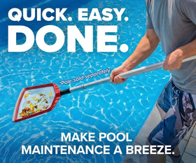 Danny's Pool Products backyard pool scene shows practical summer cleaning