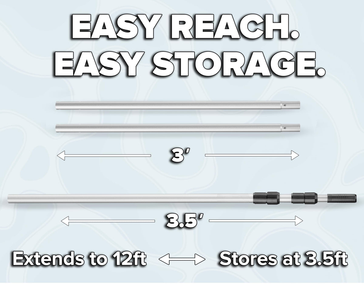 Danny's Pool Products extendable pole collapses for compact storage after use.