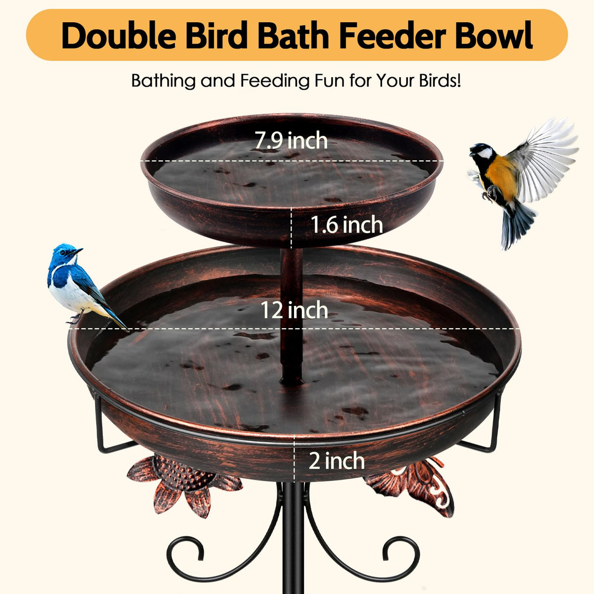 Daoeny bird bath with upgraded five-pronged base stabilizing in soil