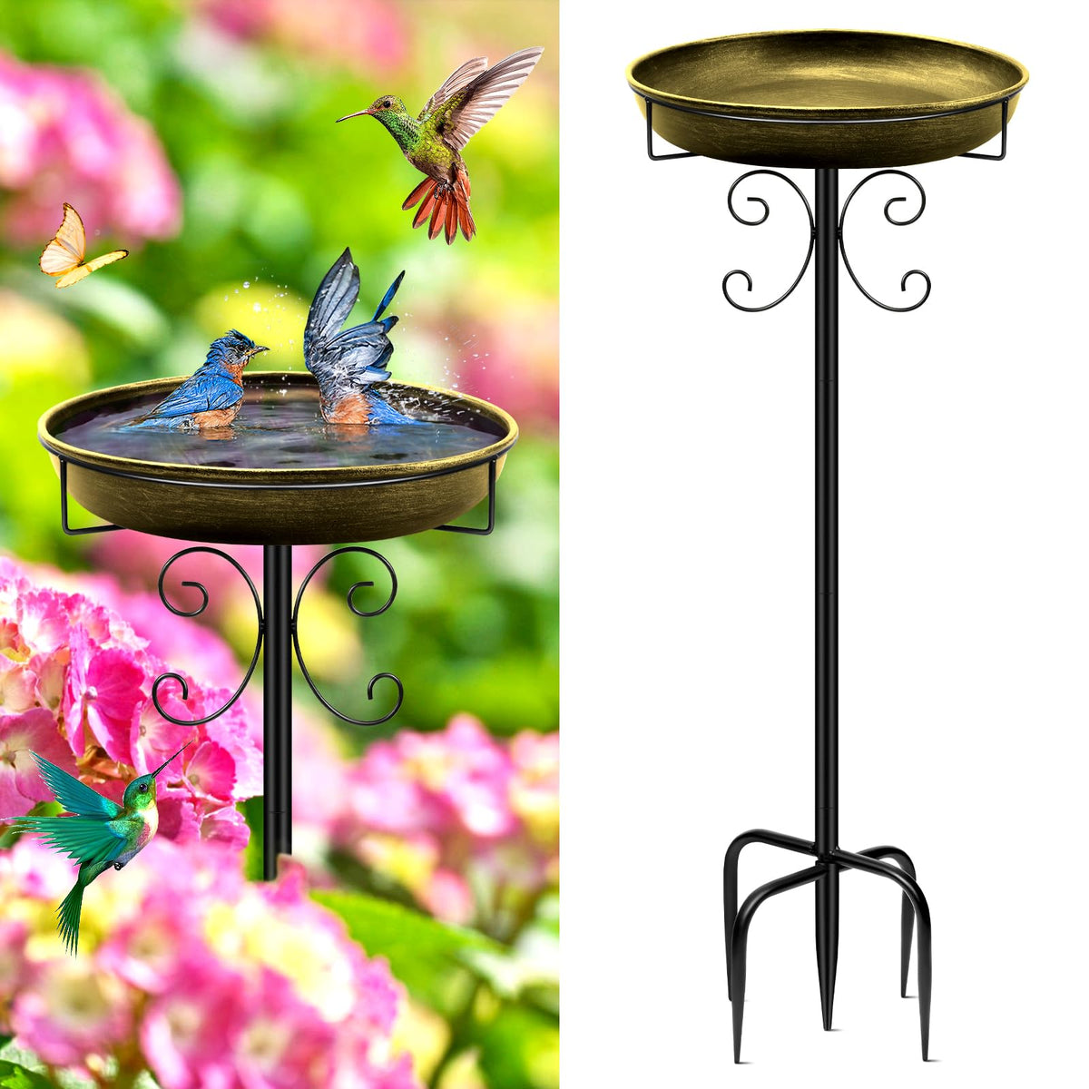 Daoeny 35in metal bird bath with base-stake provides stable outdoor support.