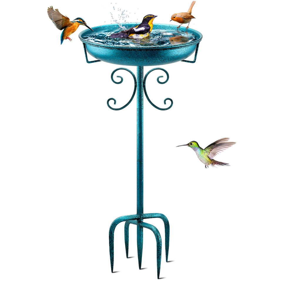 Daoeny 35in metal bird bath in blue base welcomes birds to your garden.