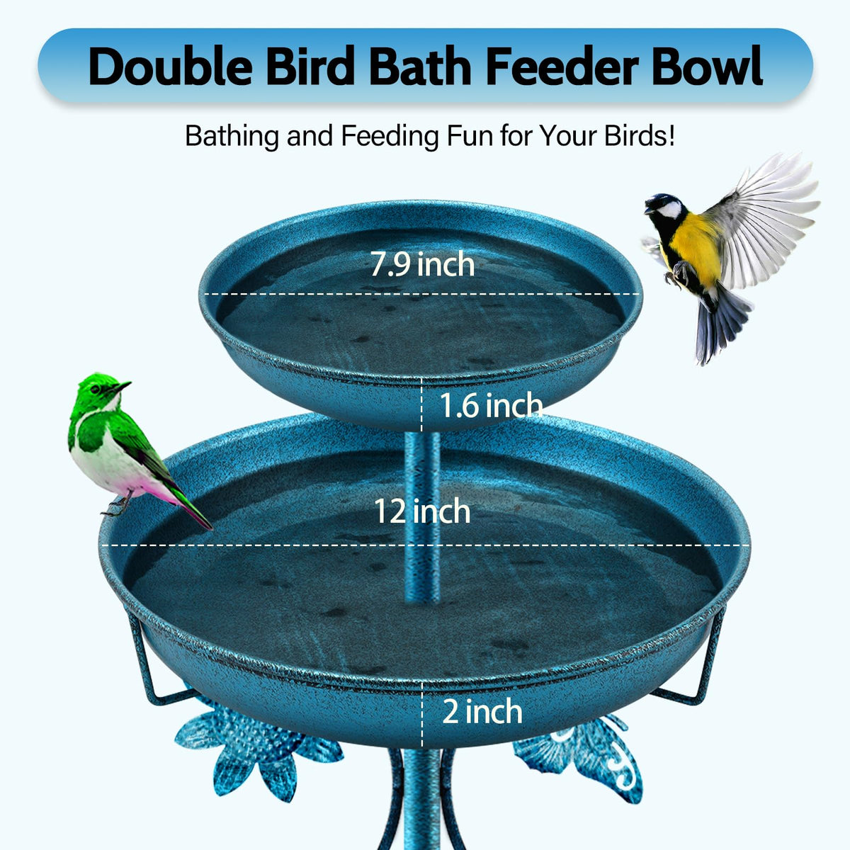 Daoeny blue bird bath showing double bowls for water and food.