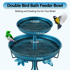Daoeny blue bird bath showing double bowls for water and food.