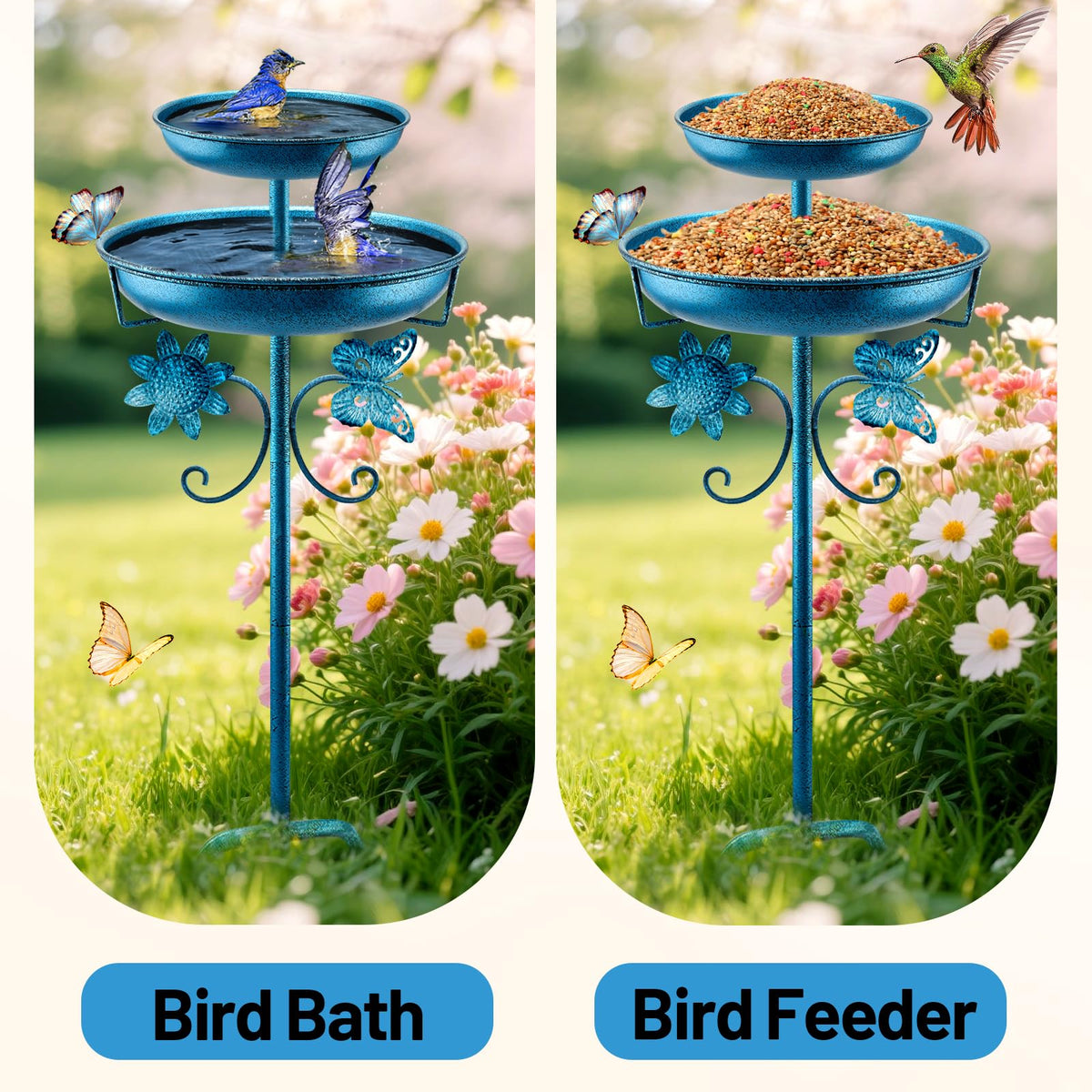 All-metal Daoeny bird bath in blue, weatherproof and rust-resistant.