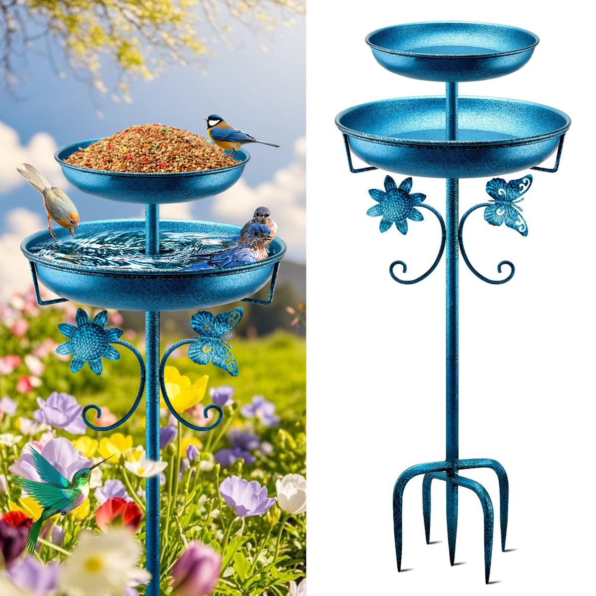 Daoeny outdoor blue 42in bird bath with stable freestanding design.