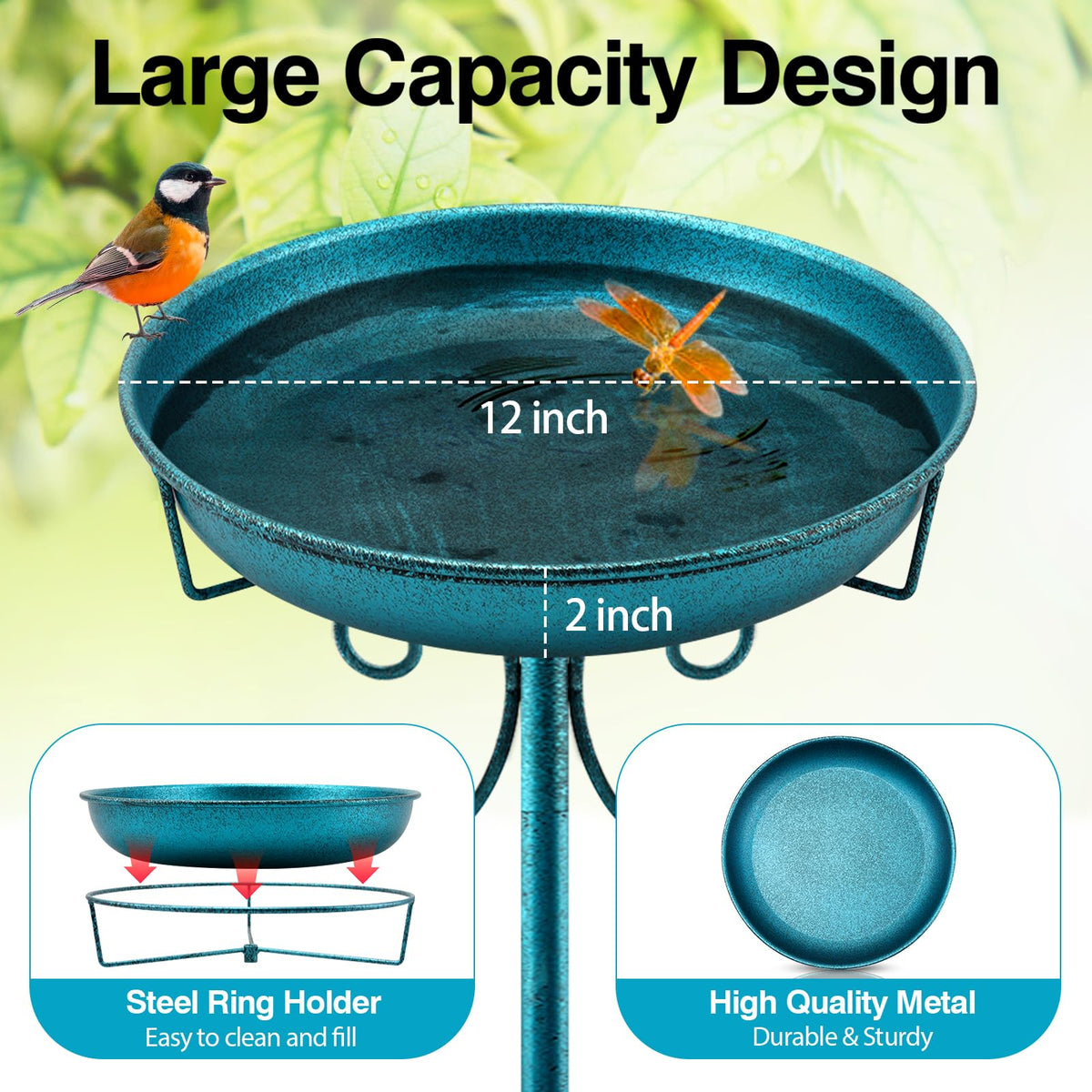 Daoeny five-pronged-base bird bath adds stability against tipping in windy spaces.