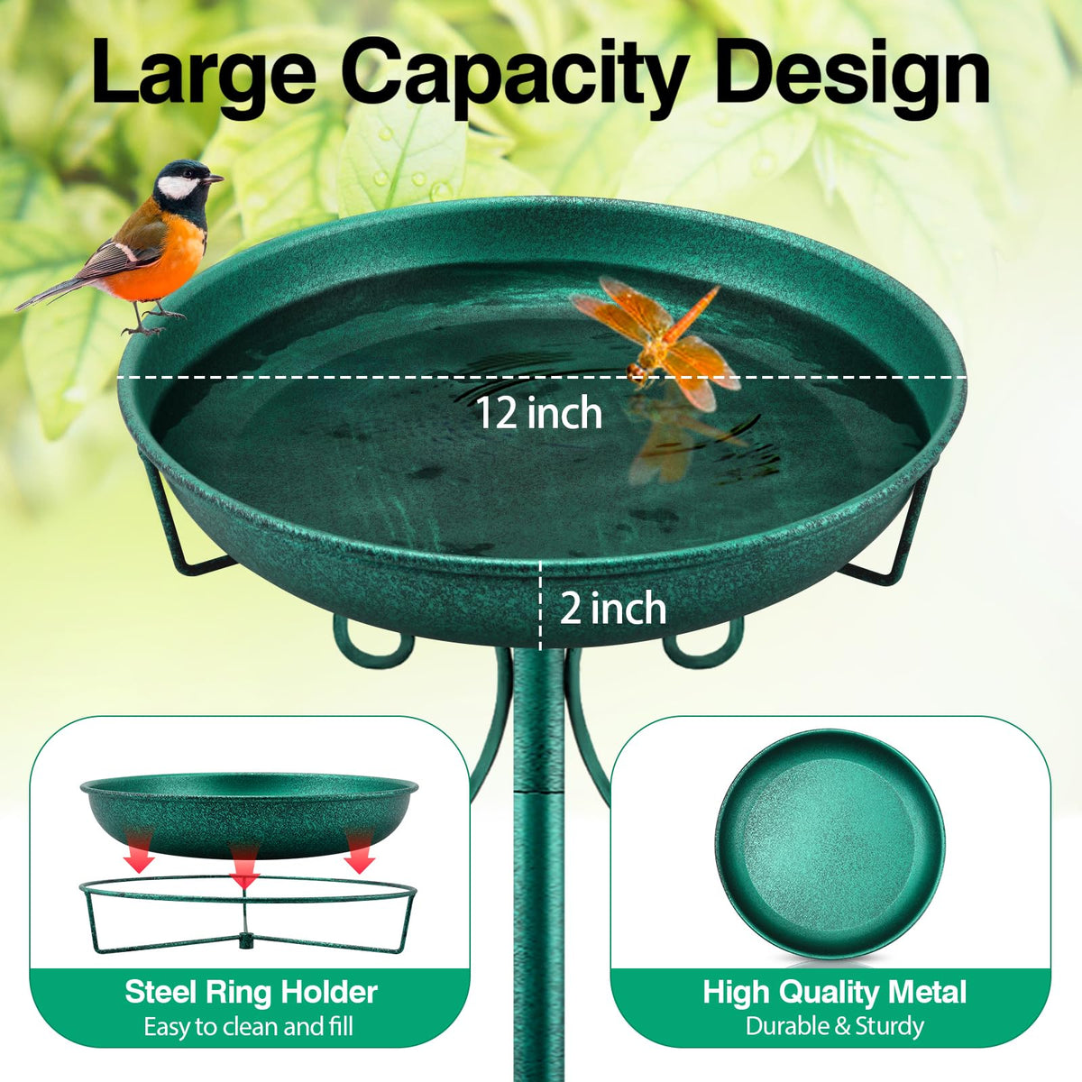 Daoeny outdoor metal bird bath setup in a sunny garden invites singing birds