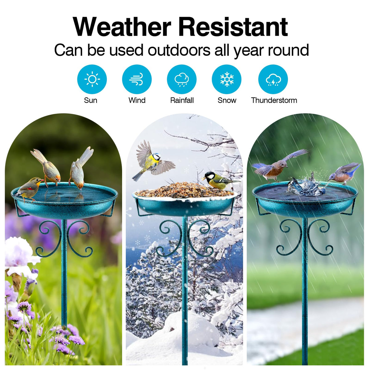 Daoeny weatherproof rustproof metal bird bath stands up to seasons.