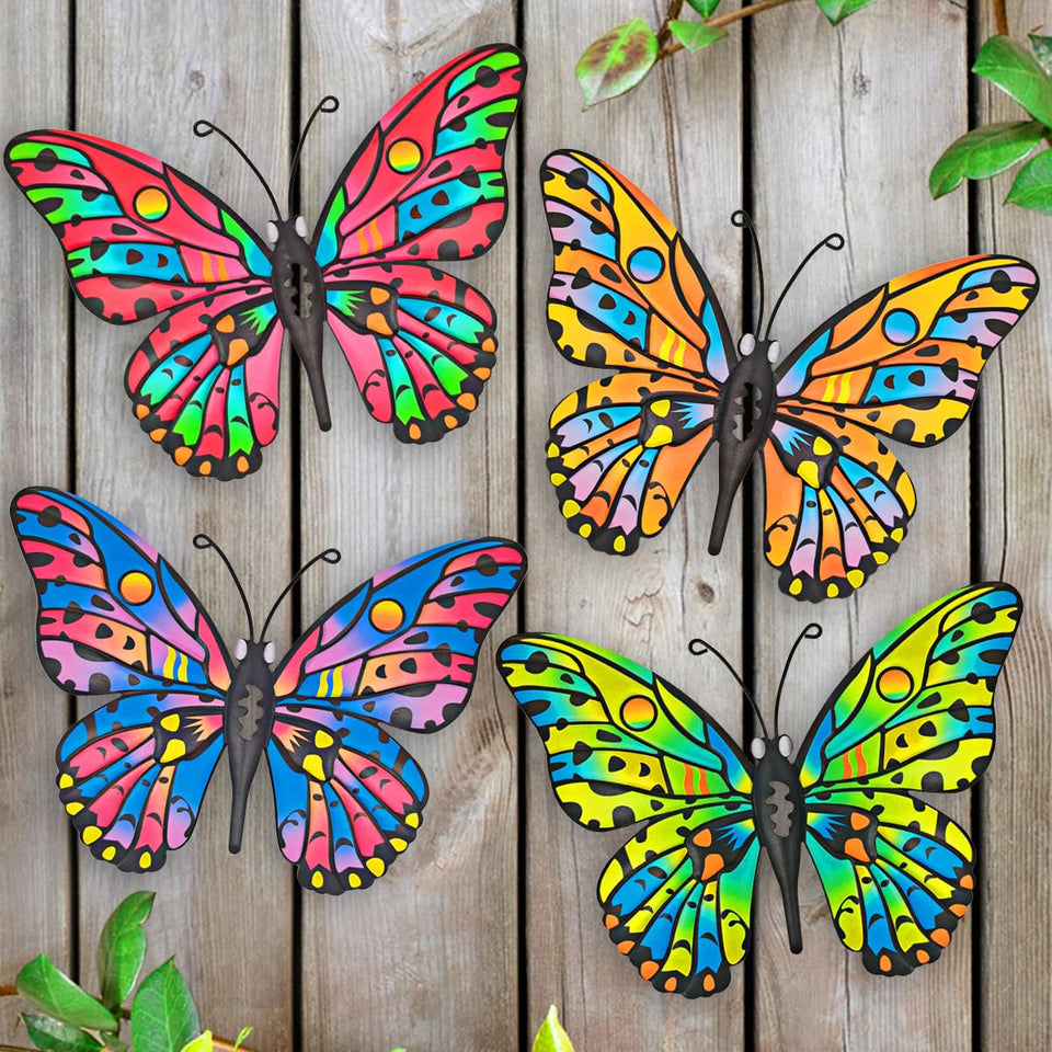 Daogtc four-pack outdoor butterfly wall art showcases vibrant colors for garden decor.