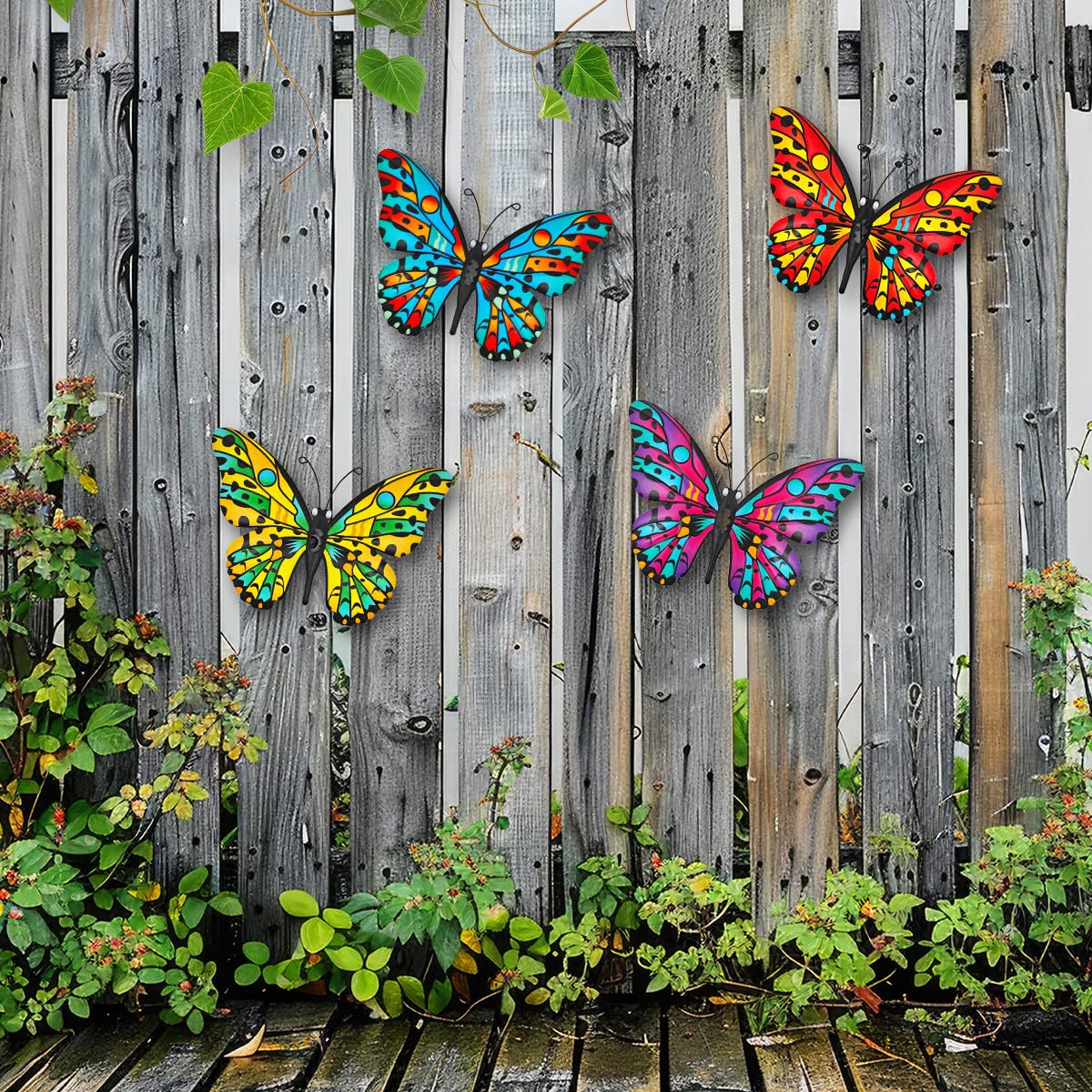 Daogtc metal butterfly wall decor 4-pack back view, rust-resistant finish for garden fences