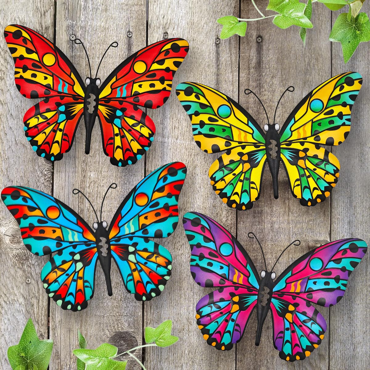 Daogtc metal butterfly wall decor 4-pack front view, vibrant colors for outdoor or indoor display