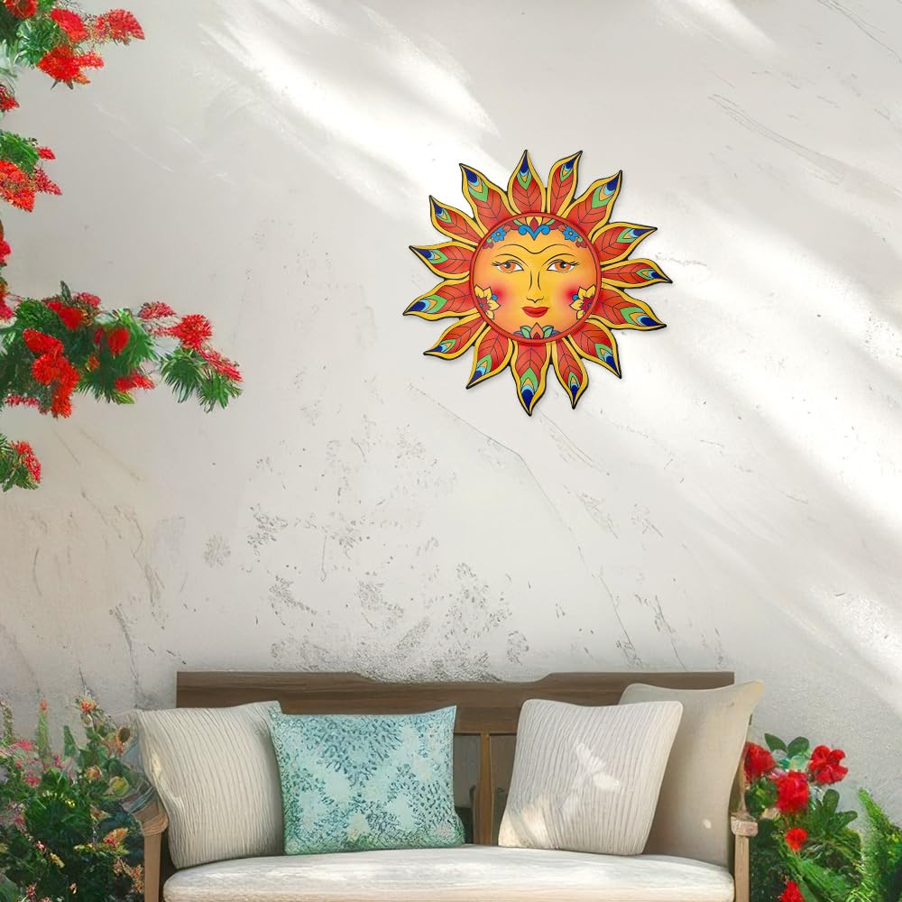 Daogtc sun face iron wall art brightens outdoor patios and fences.