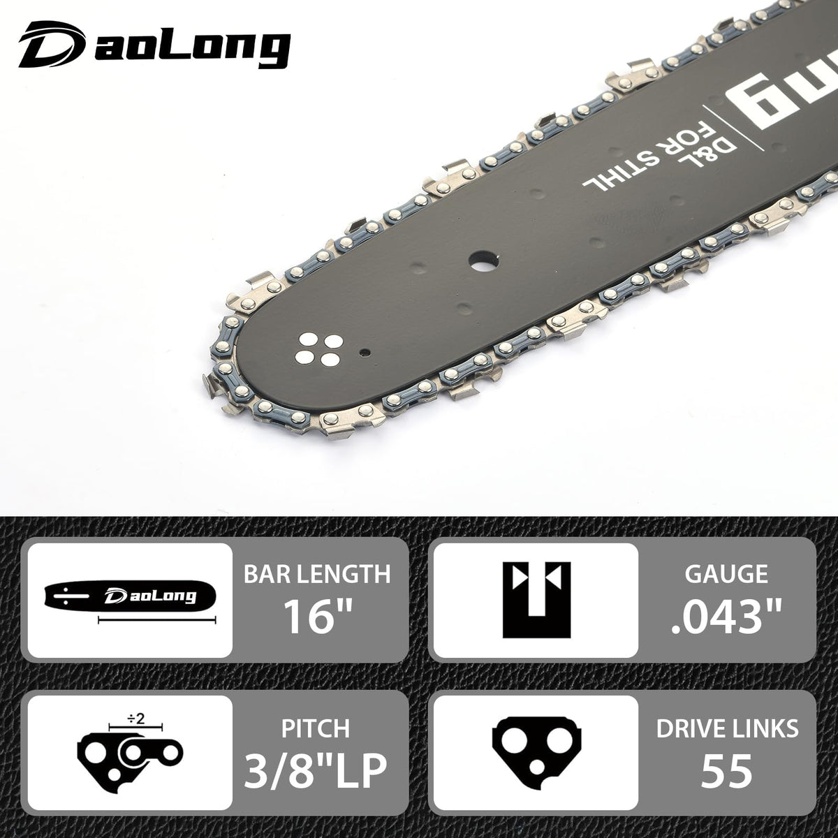 DAOLONG three-pack chains with 16-inch bars for versatile cutting.
