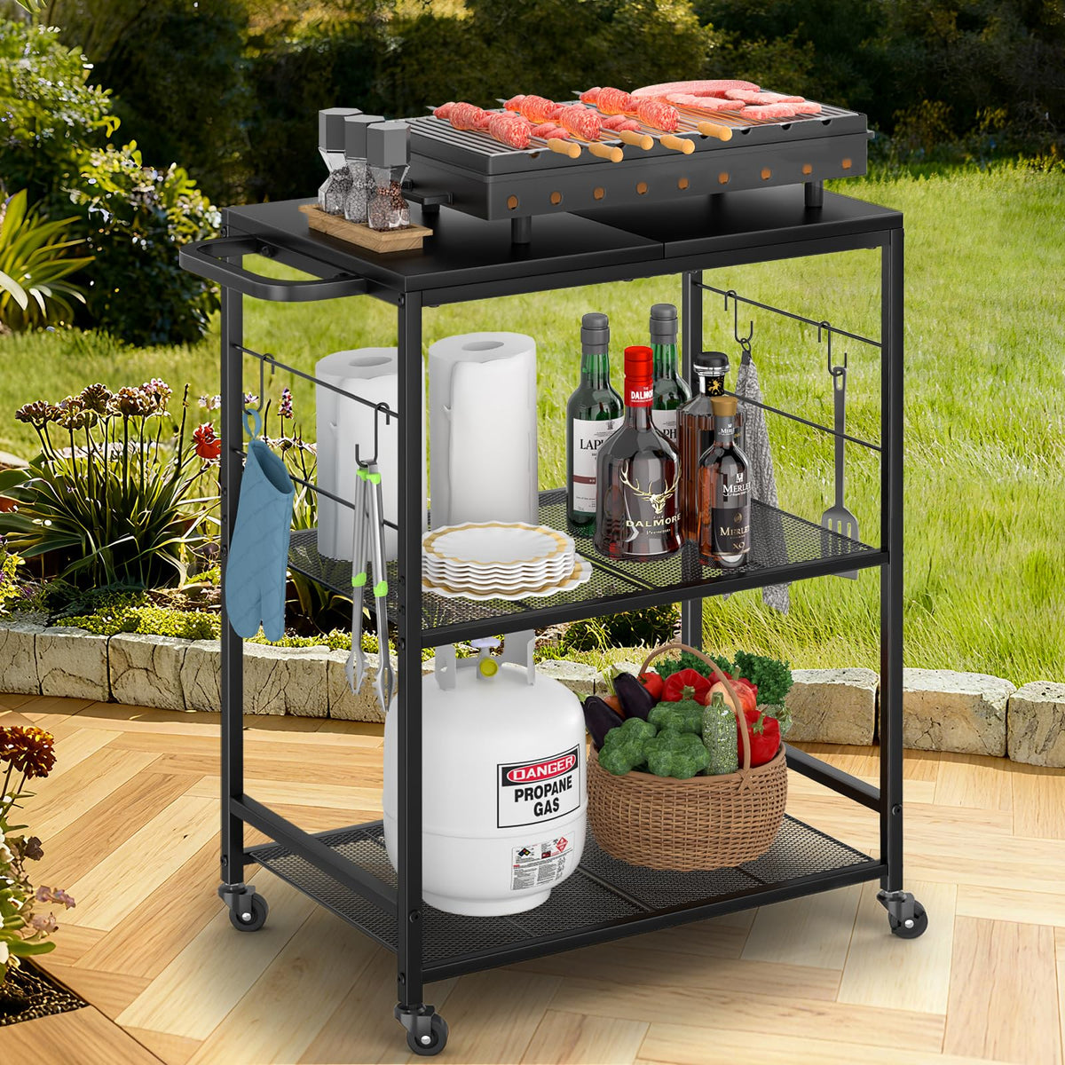 DAOUTIME grill cart with rust-resistant top offering a portable outdoor prep space