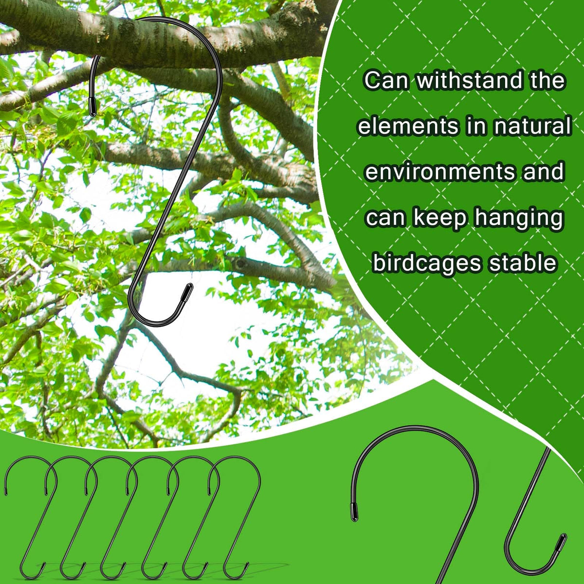 Dapute S-hook hangs a plant from a branch to show easy outdoor setup.
