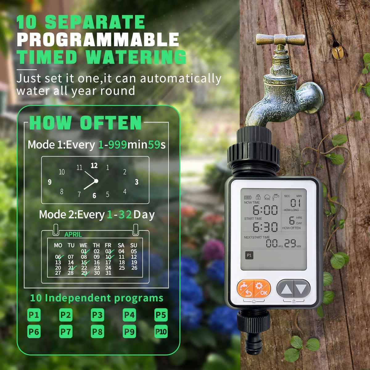 Dar Darouxiao sprinkler timer 3.3 inch LCD for quick watering plan adjustments.