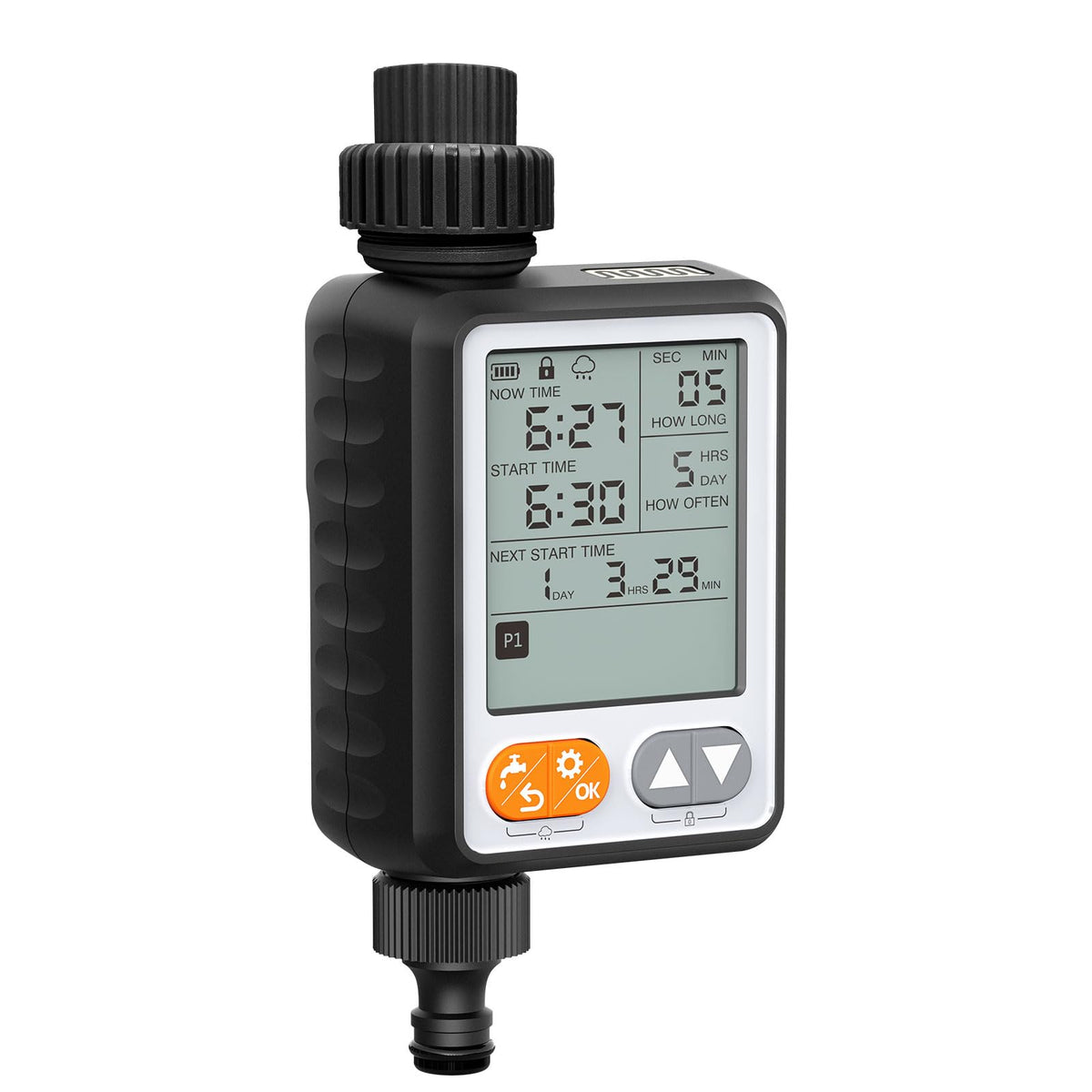 Dar Darouxiao sprinkler timer front view with large display for easy scheduling.