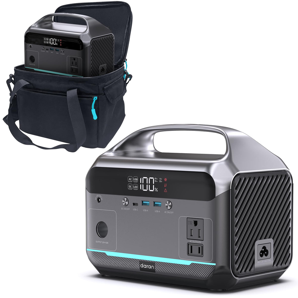DARAN portable power station front view showing compact design for easy transport.
