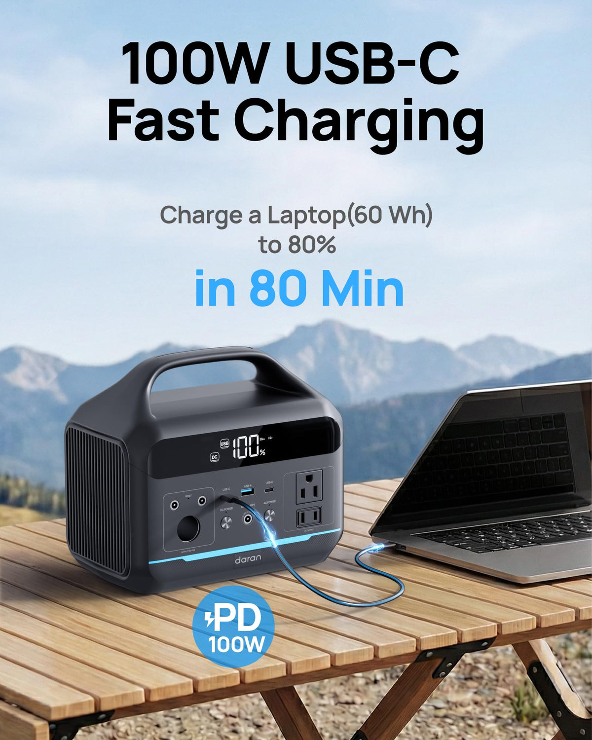 Solar input option lets you recharge with panels when available.
