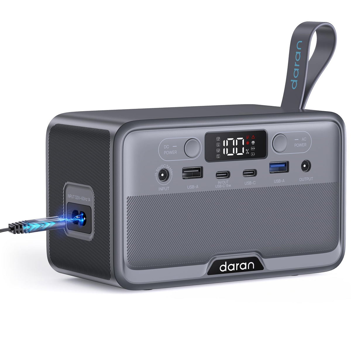 DaranEner portable power station held in hand showing compact travel-friendly design.