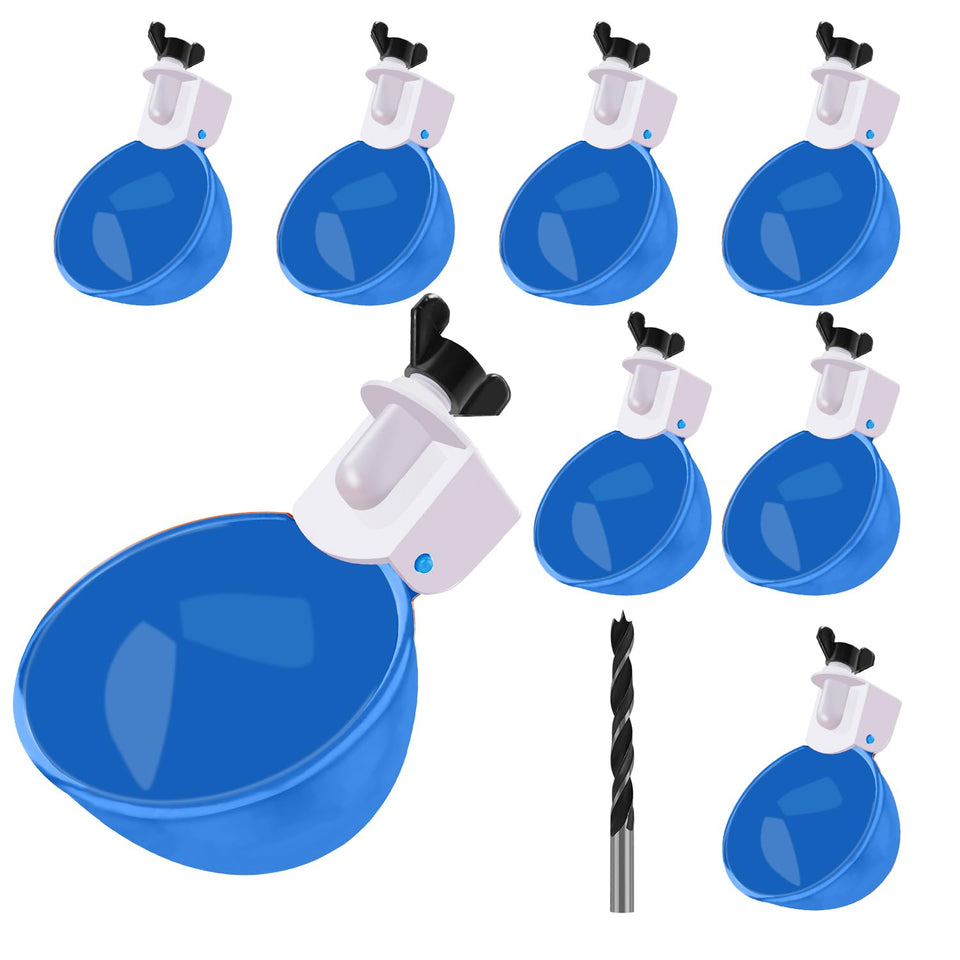 Darcvds chicken waterer cups blue 8-pack shown in coop setup