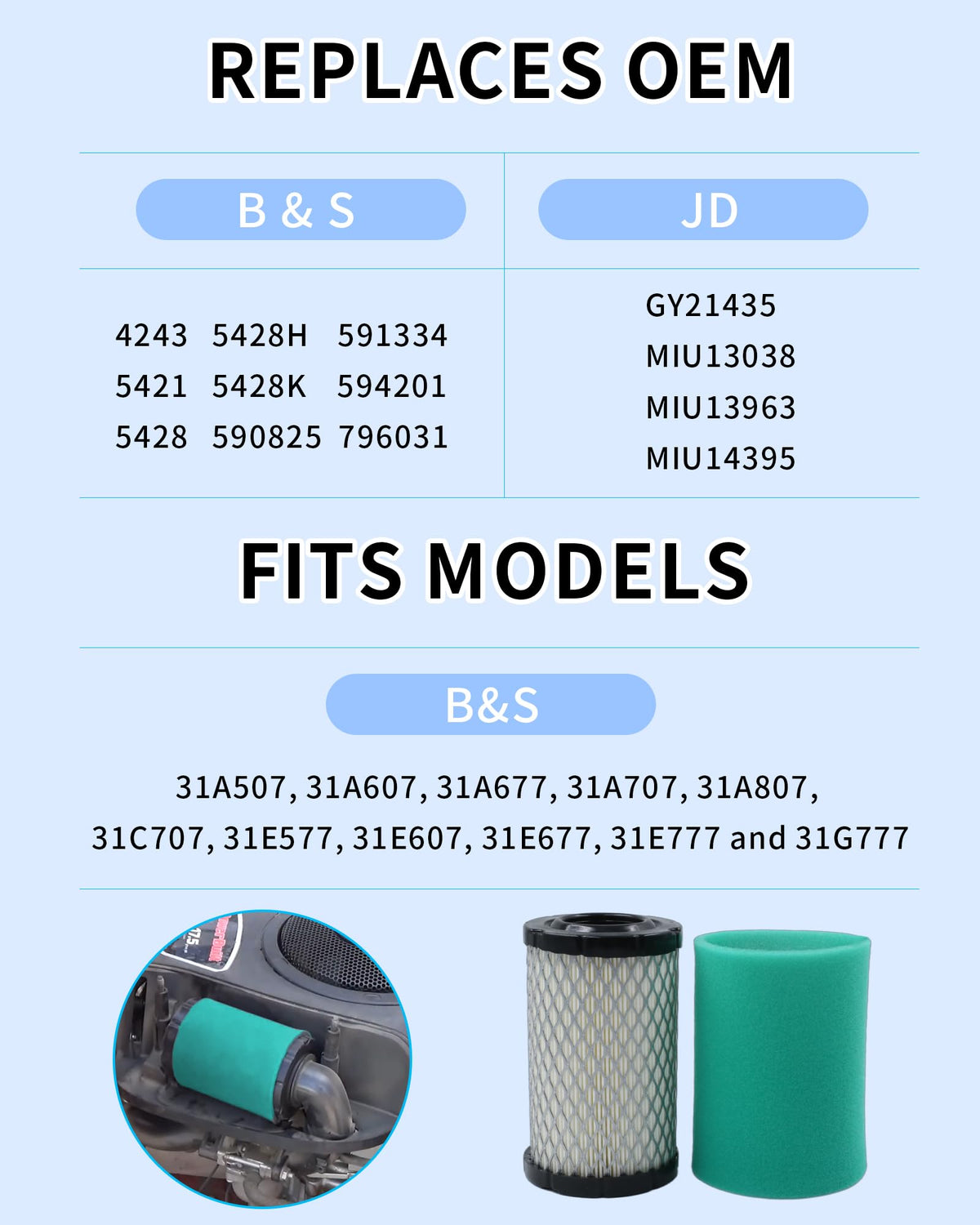 DASARYA compatibility label highlights OEM replacements for B&S and Deere