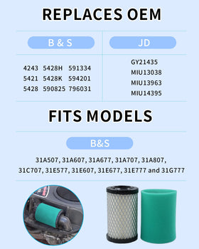 DASARYA compatibility label highlights OEM replacements for B&S and Deere