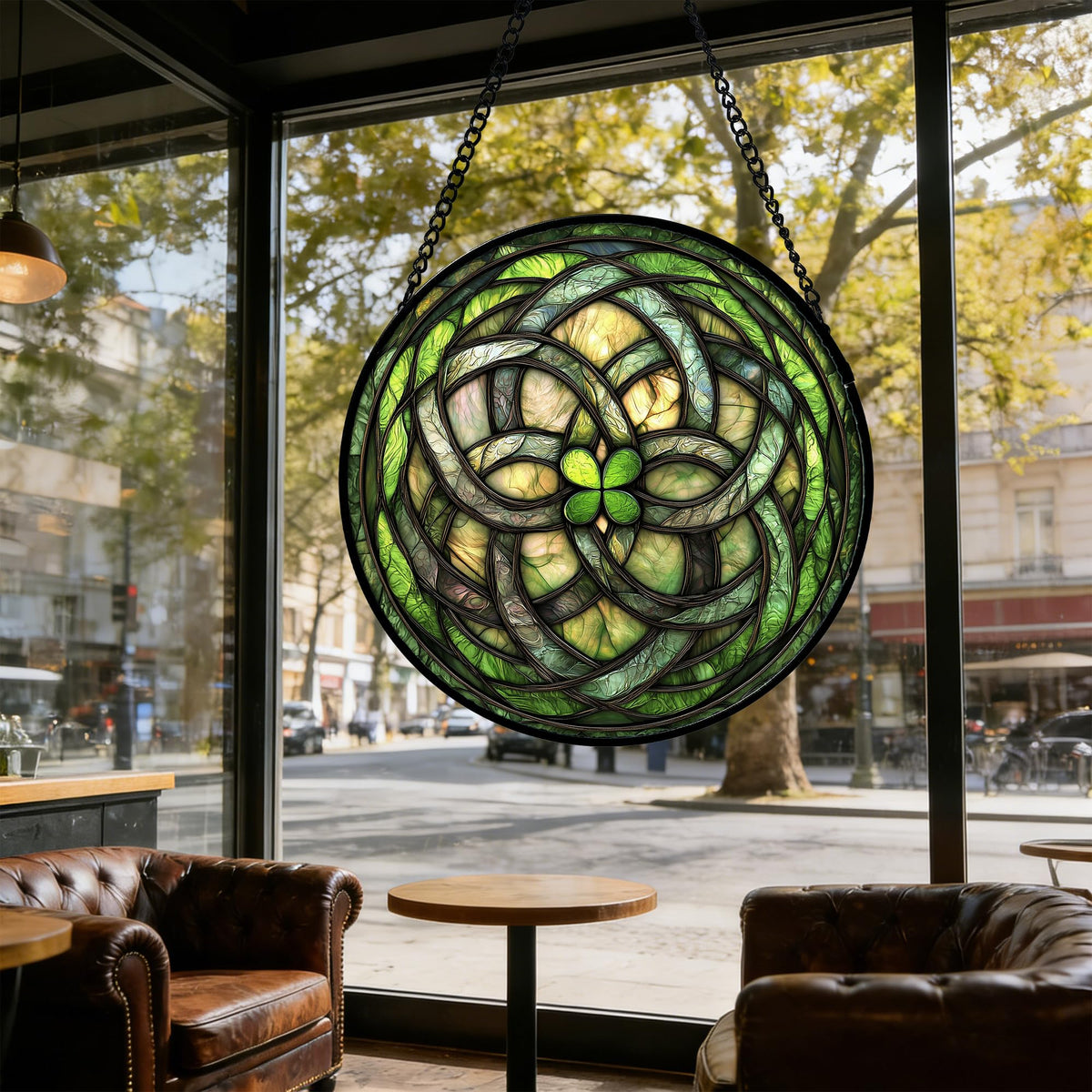 DASTOLL abstract green clover sun catcher enriches windows and porches.