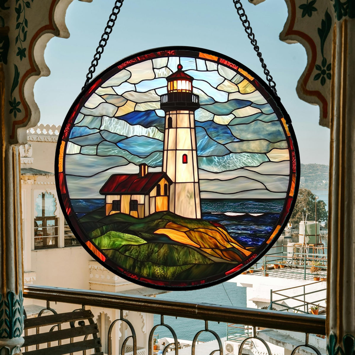 DASTOLL blue-green stained glass panel captures sunlight, adds vibrant color.