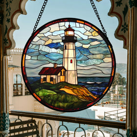 DASTOLL blue-green stained glass panel captures sunlight, adds vibrant color.