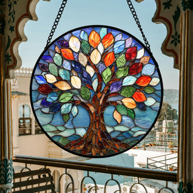 DASTOLL blue tree of life suncatcher adds color to windows and doors.