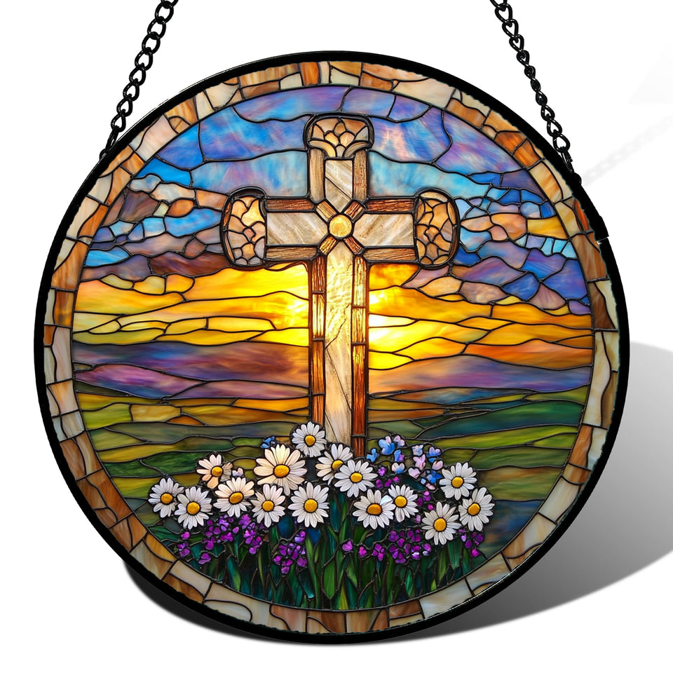 DASTOLL cross suncatcher bathed in sunlit color spectrum brightens a room
