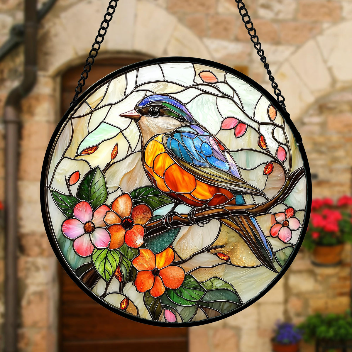 DASTOLL blue bird pink flower suncatcher brightens spaces with sunlight, ideal as a charming window accent.