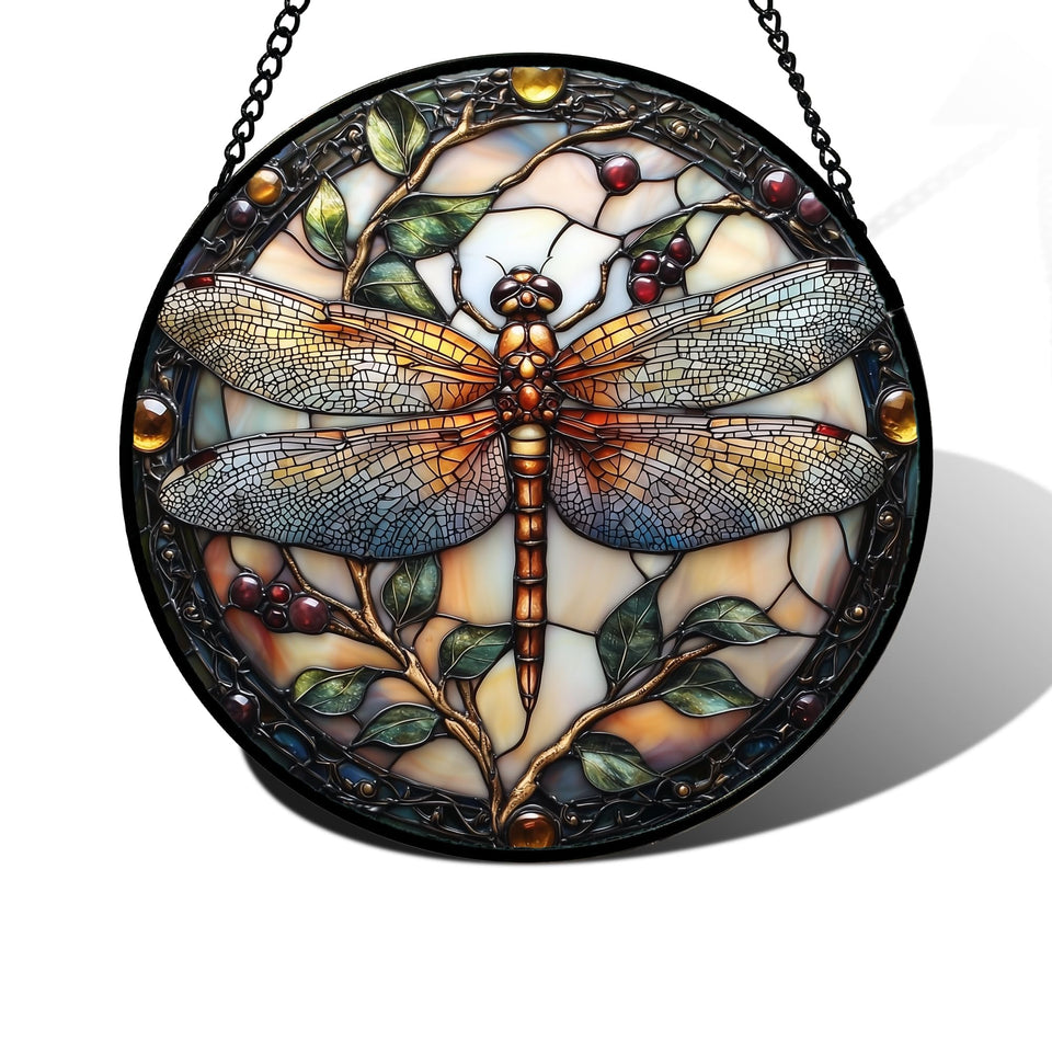DASTOLL dragonfly stained glass suncatcher close-up with vibrant colors in sunlight