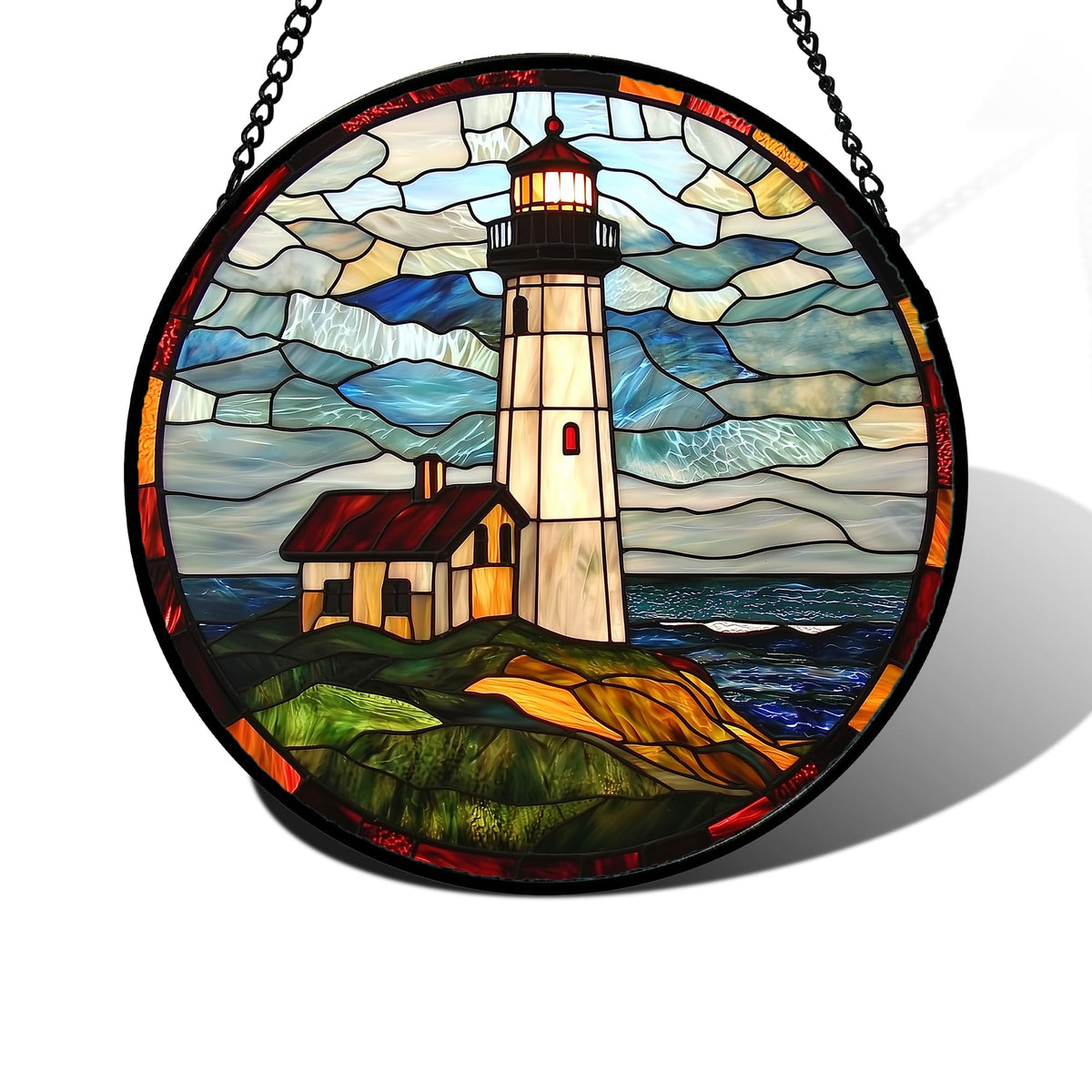 DASTOLL Ocean Lighthouse sun catcher window brightens mornings with blue-green glass.