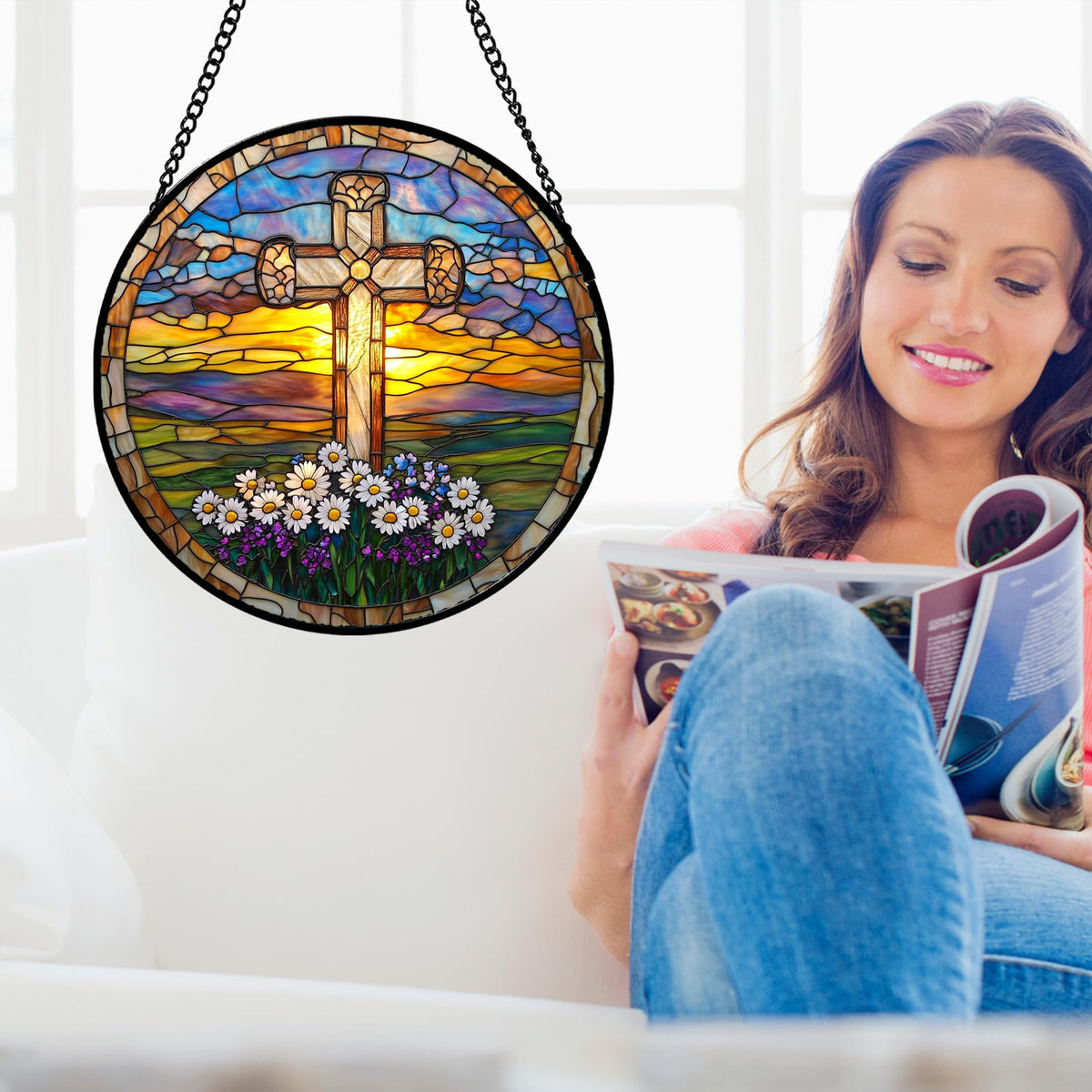 DASTOLL stained glass Jesus window art diffuses glare for a softer ambiance