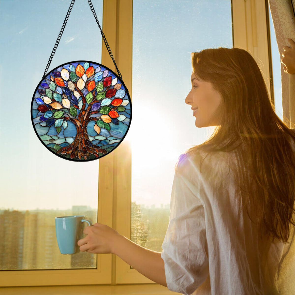 DASTOLL stained glass kit featuring diamond glass, metal frame, and chain for hanging