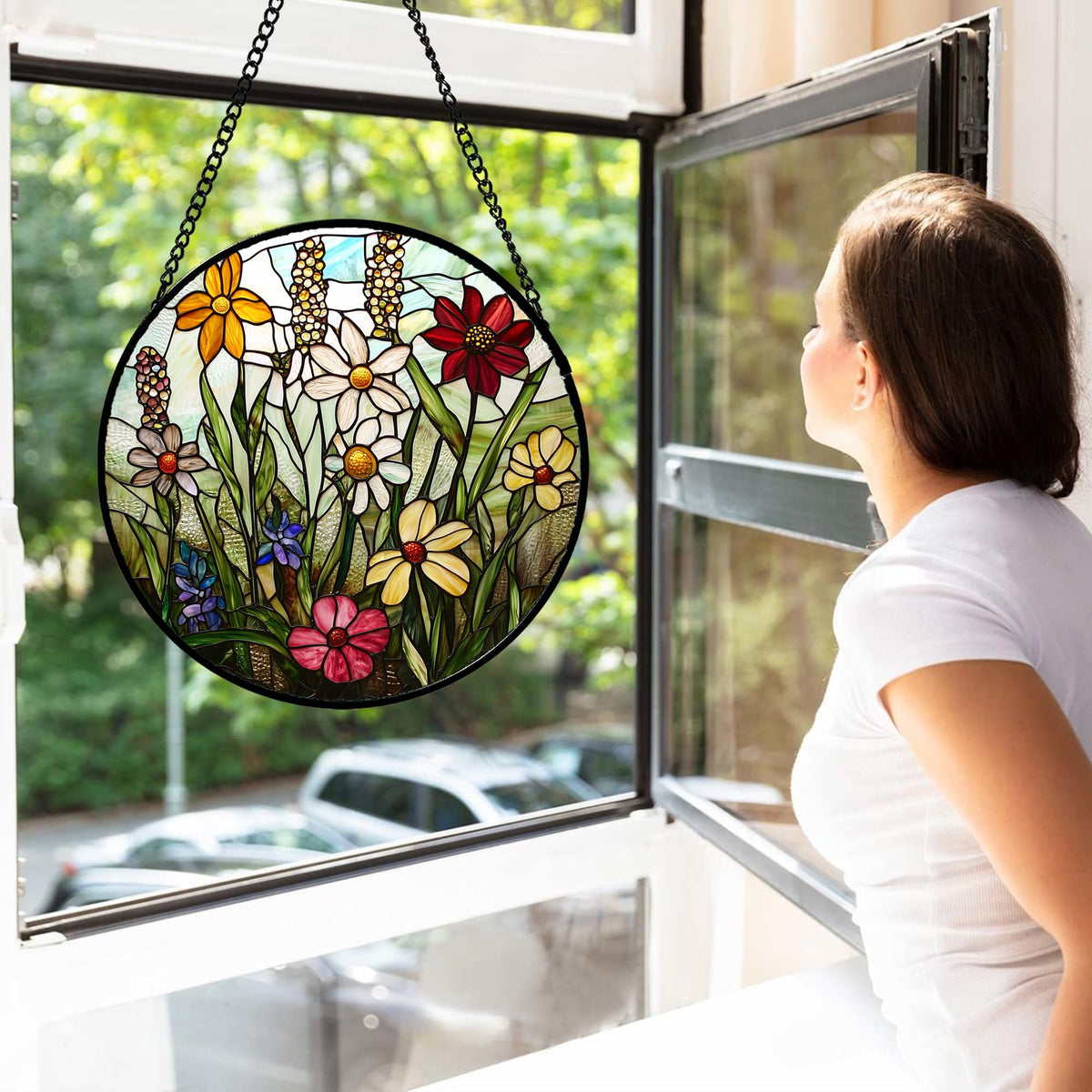 DASTOLL stained glass suncatcher with plant scenery adds color to sunlit windows.