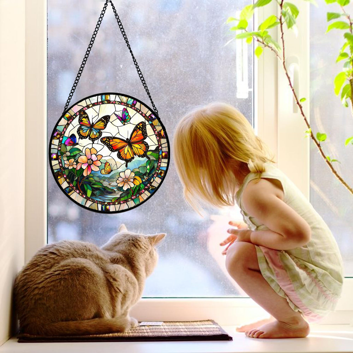 DASTOLL stained glass suncatcher on a window adds vibrant color.