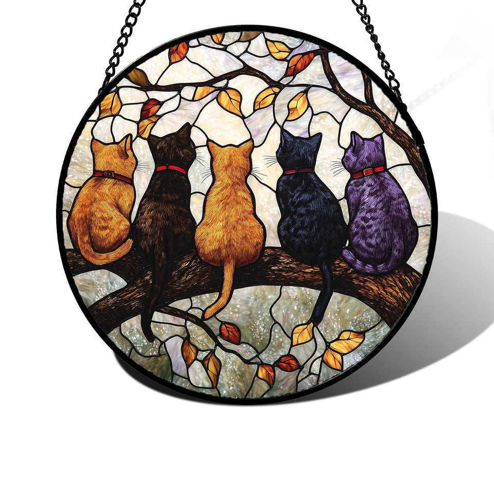 DASTOLL five-cat stained glass suncatcher on a branch brightens windows with color.