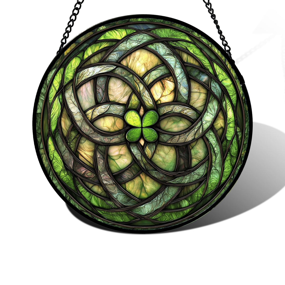 DASTOLL stained glass window hanging with abstract green clover brightens sunlit spaces.