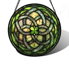 DASTOLL stained glass window hanging with abstract green clover brightens sunlit spaces.