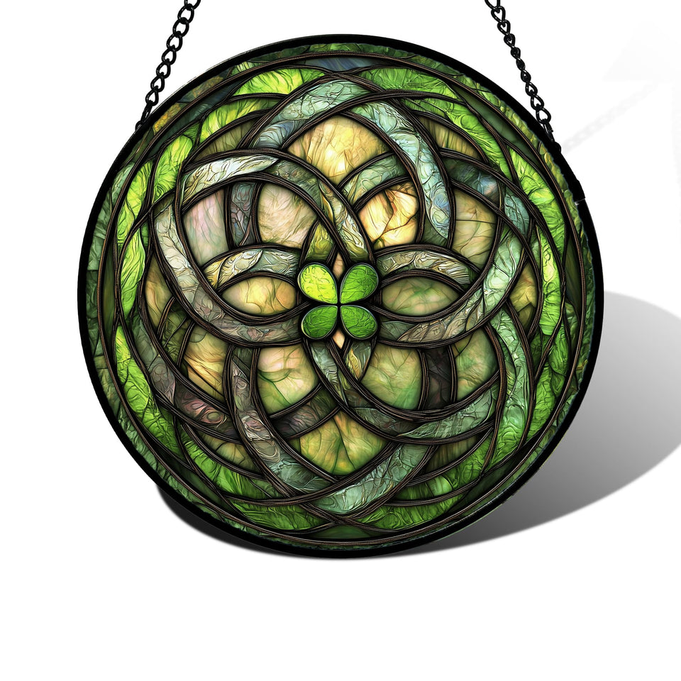 DASTOLL stained glass window hanging with abstract green clover brightens sunlit spaces.