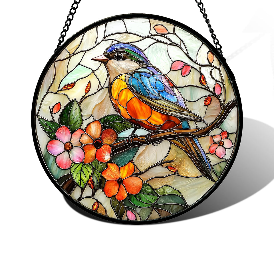 DASTOLL stained glass window hanging with blue bird and pink flower adds vibrant light to any window.