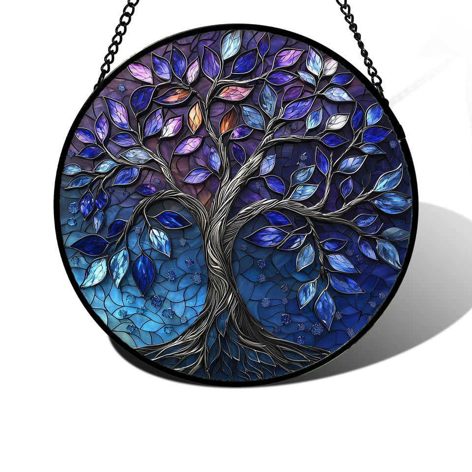 DASTOLL stained glass sun catcher with blue purple tree of life design brightens natural light.