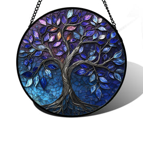 DASTOLL stained glass window hanging with blue purple tree of life brightens interiors in sunlight