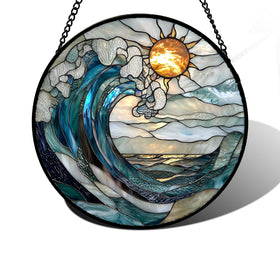 DASTOLL blue and white waves stained glass suncatcher brightens a window.