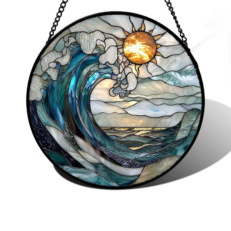 DASTOLL blue and white waves stained glass suncatcher brightens a window.