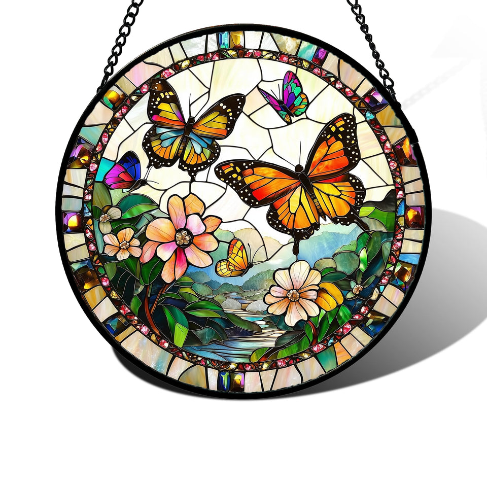 DASTOLL stained glass window hanging with butterflies brightens daylight windows.