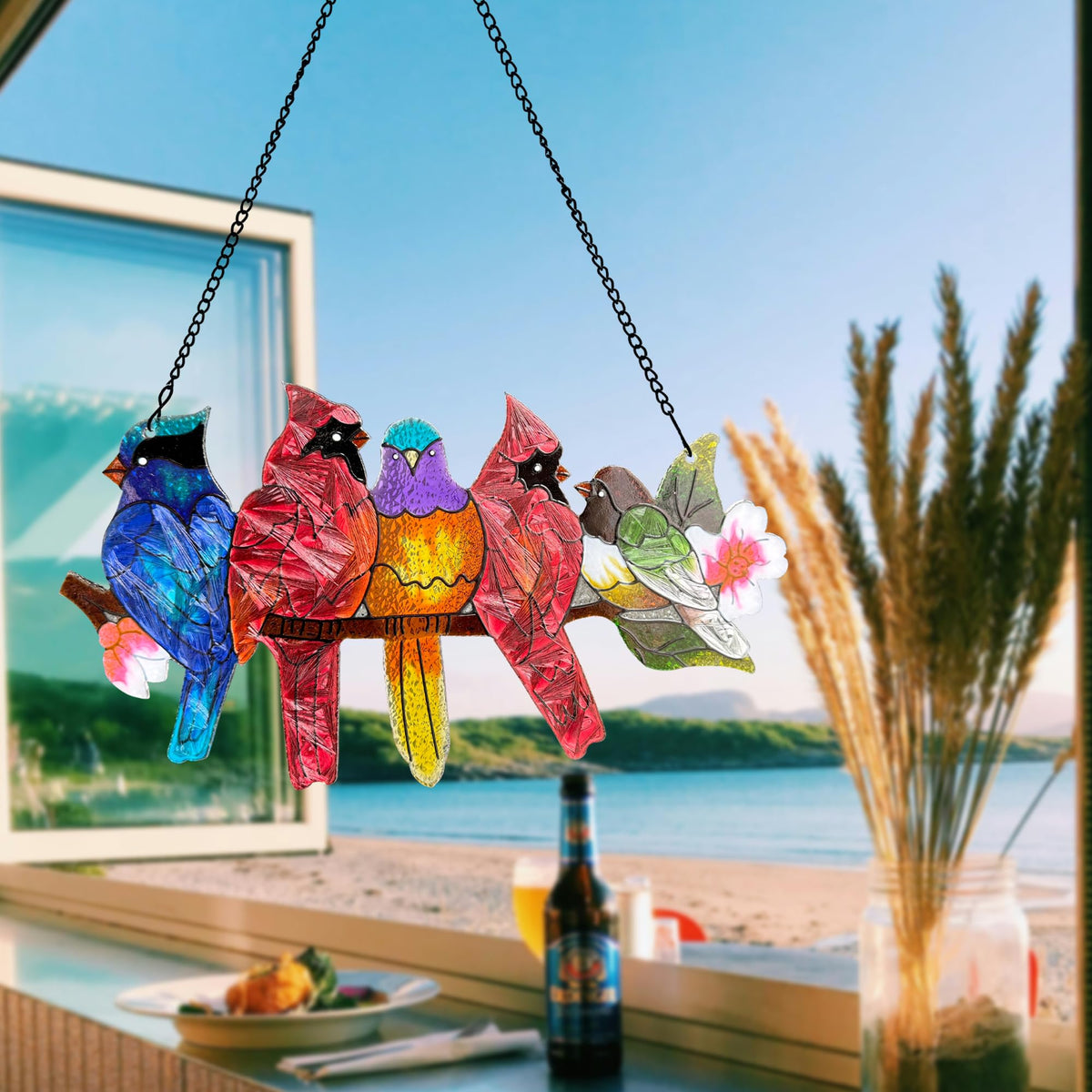 DASTOLL stained glass window hanging with chain and hook for easy installation.